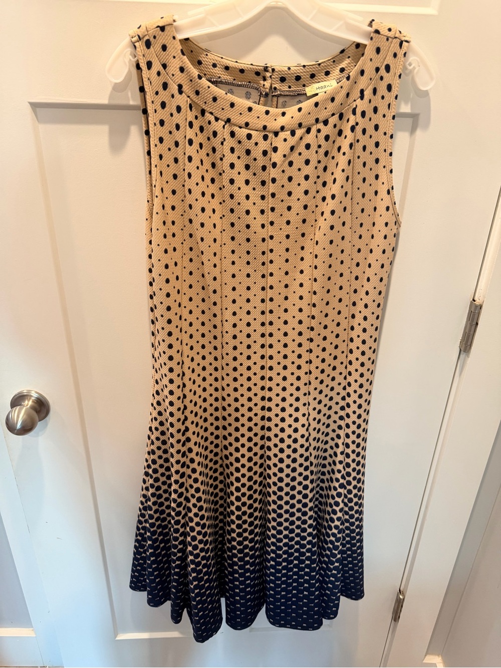 HaAni Large Beige Navy Polka Dot Fit Flare Midi Dress Sleeveless
